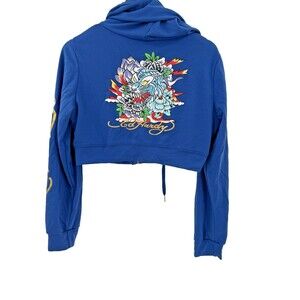 Ed Hardy Women's LARGE Cobalt Blue Tiger Lotus Hoodie Cropped Zip Up Jacket